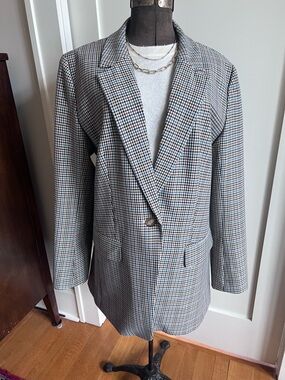 LOFT Plaid Blazer | Lightweight Spring Jacket  | Neutral Check | Size 14